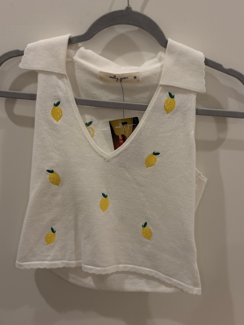 Molly Green White Lemon Embroidered V-Neck Collared Tank